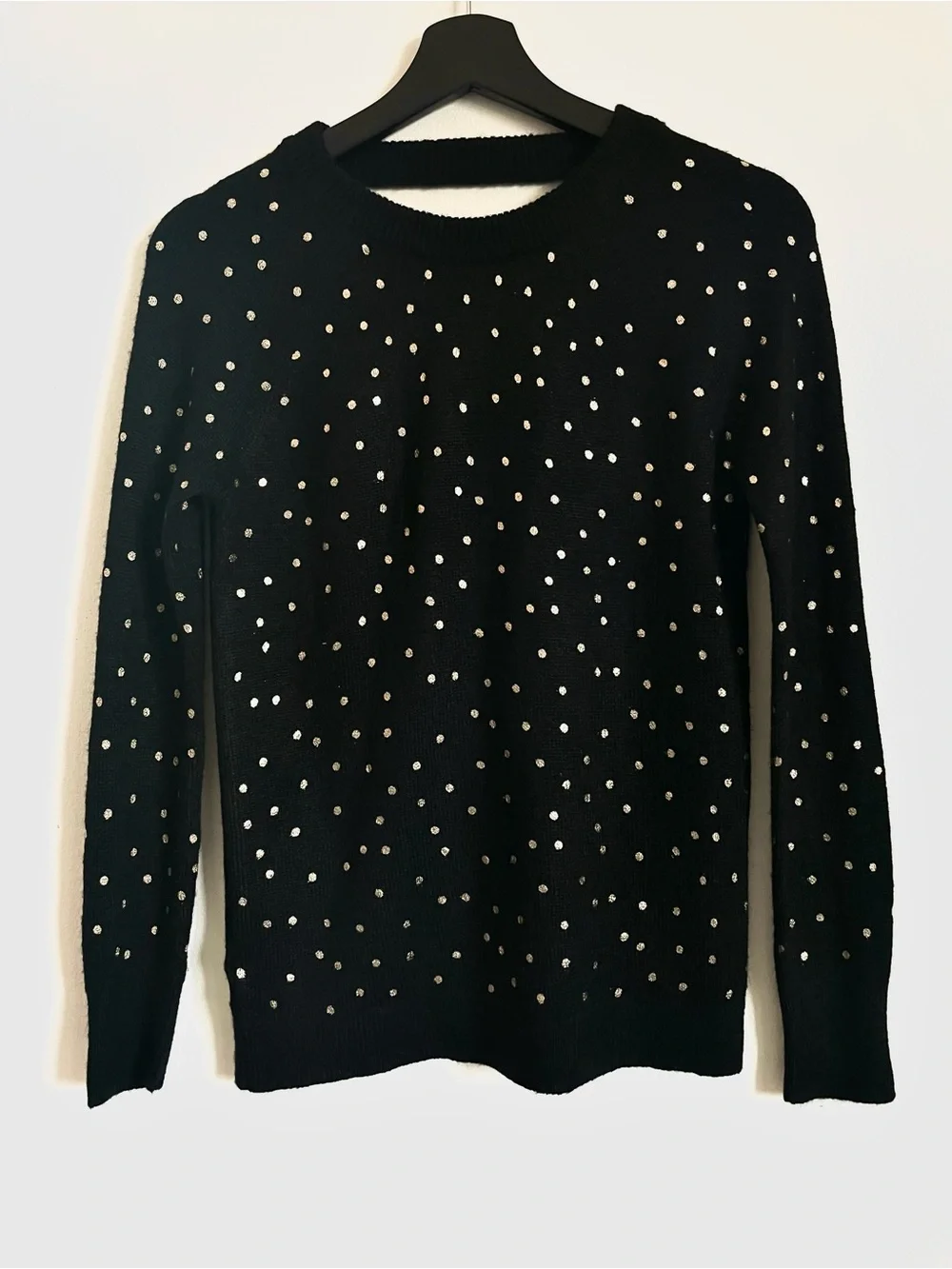 Loft Black Crew Neck Sweater With Gold Metallic Polka Dots Size XS EUC